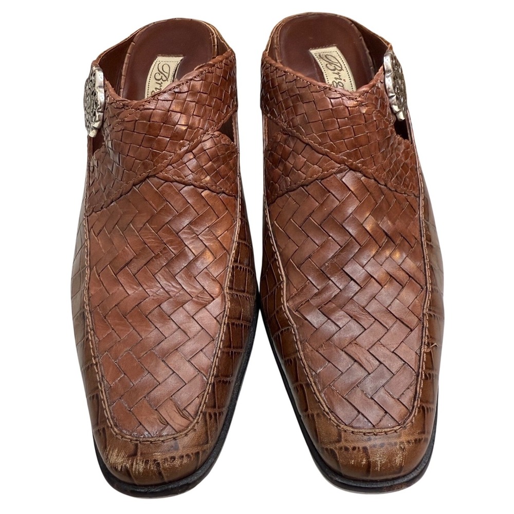Brighton Twain Brown Woven Leather Mules Heels 7.5 Scuffs